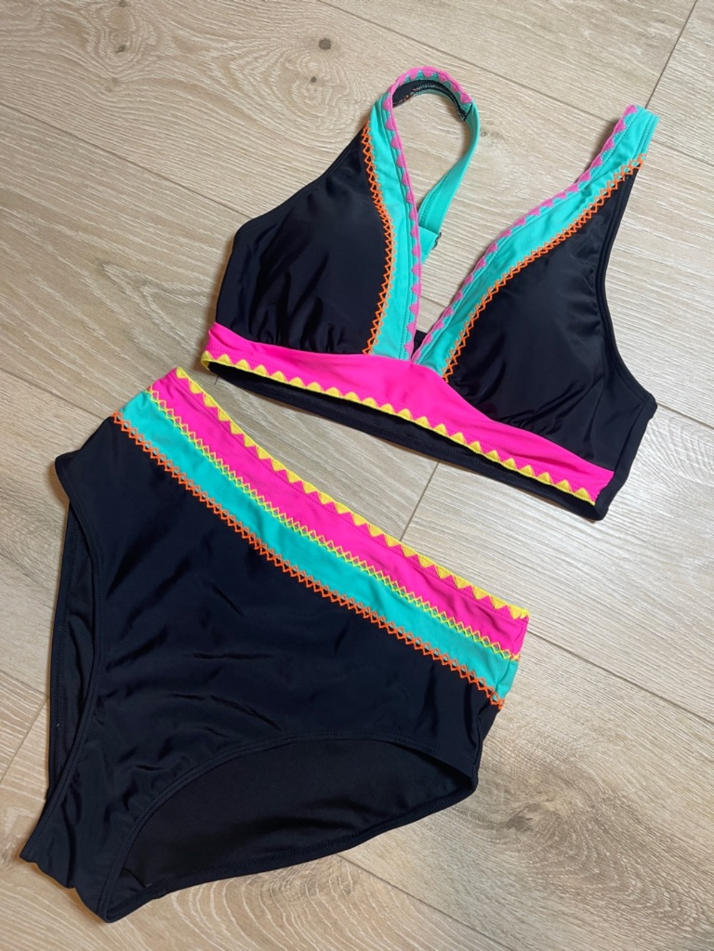 Popvil Black Bikini Set with Pink and Teal Trim - Women's Swim Size: S
